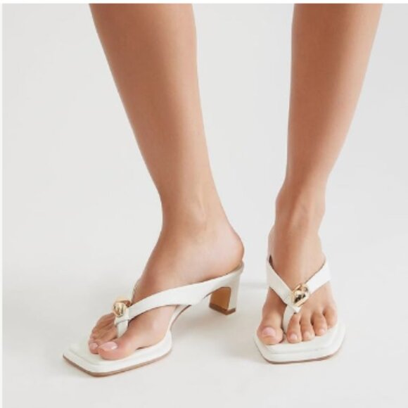 YDN White Square Toe Flip Flops Low Chunky Heels Slip On Thong Dressy Sandals - Picture 1 of 8